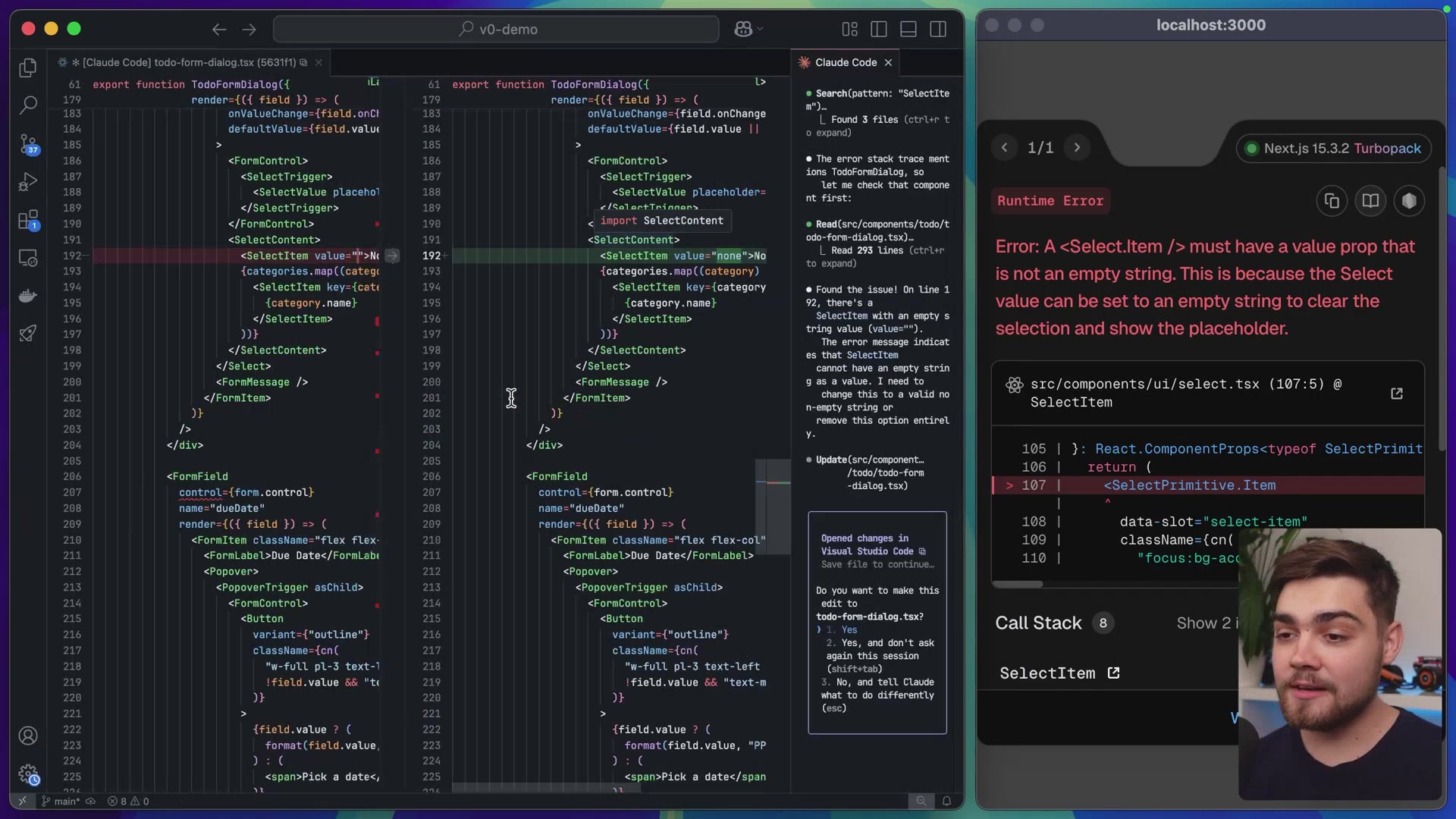 Claude Code fixing bugs in VS Code and showing diff view