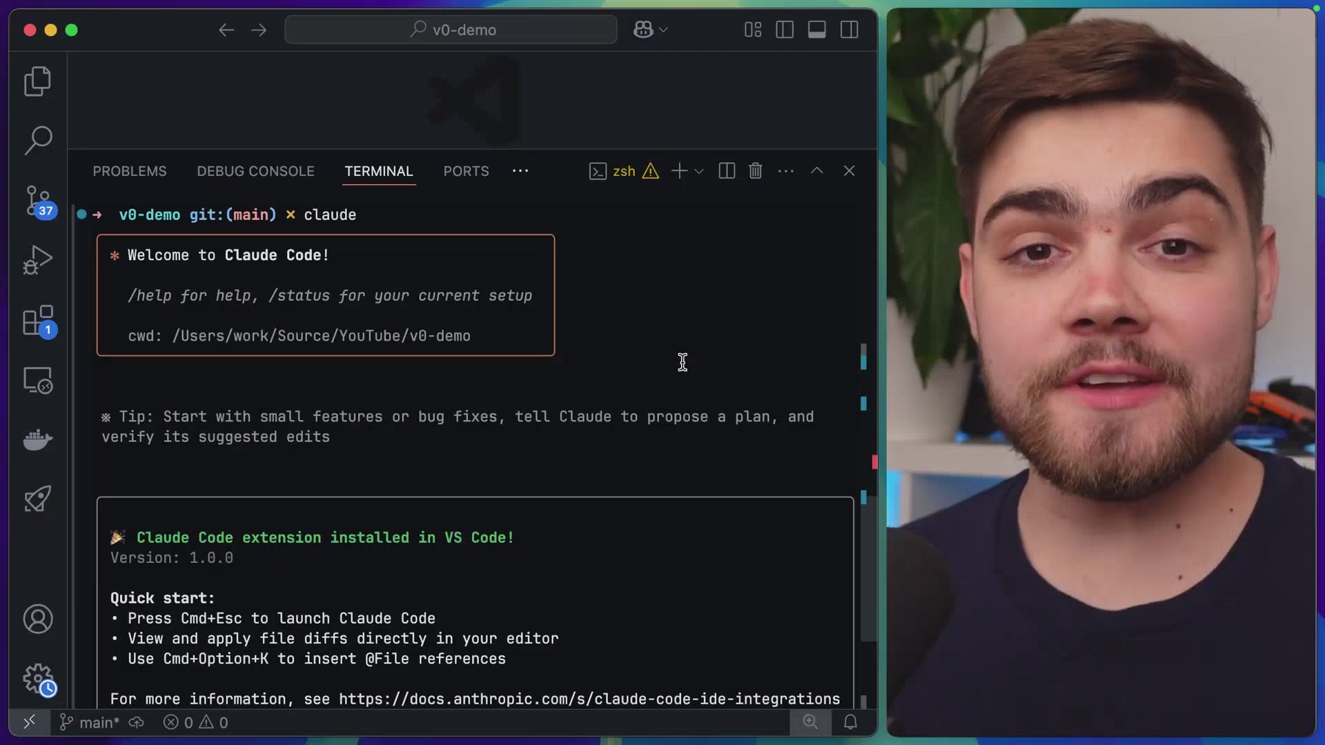Claude Code welcome interface in VS Code integrated terminal