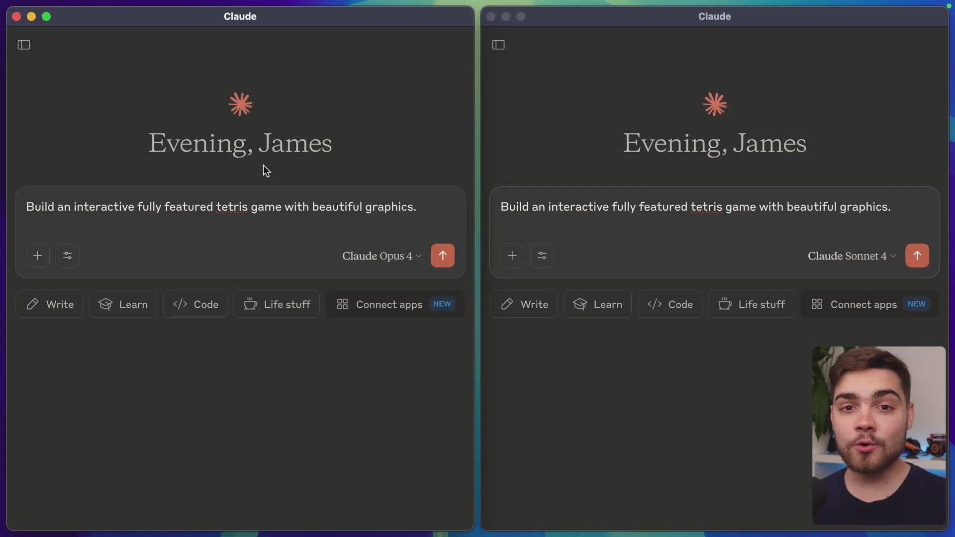 Claude Opus 4 vs Sonnet 4 simultaneously generating Tetris game code