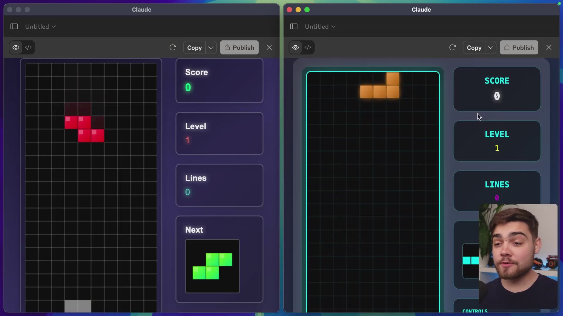 Side-by-side comparison of Tetris games generated by both models
